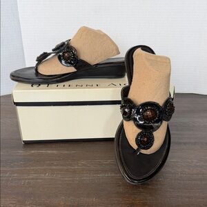 VTG Etienne Aigner Women's Bacia Black Patent Leather Beaded Wedge Sandals Sz 7